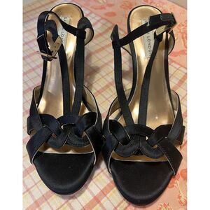 Sacha London Spain Black Satin Ankle Strap Kitten High Heels Open Toe Women's 8